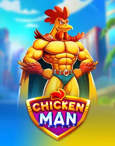 Sterke kip met cape in 'Chicken Man' logo, game art