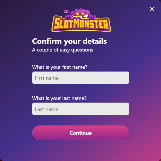Slotmonster registratieformulier met velden voor voornaam en achternaam