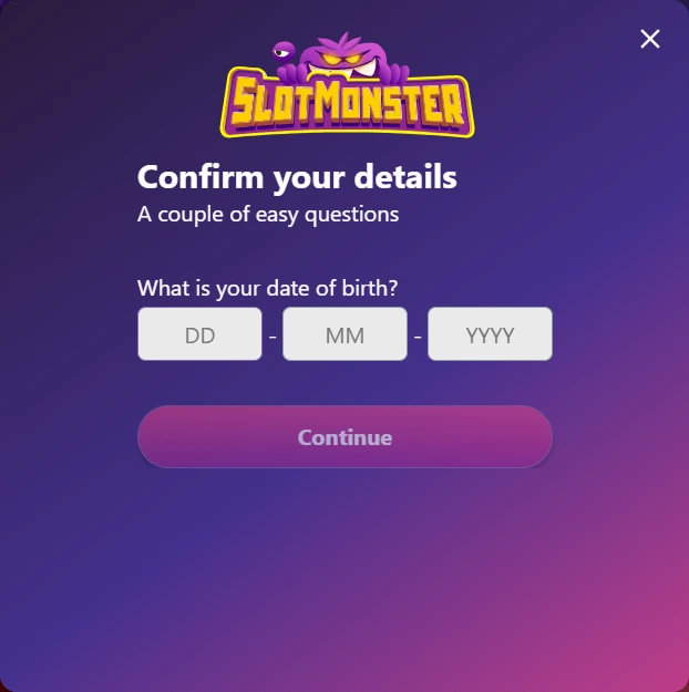 Slotmonster Casino registratieformulier met datum invoervelden