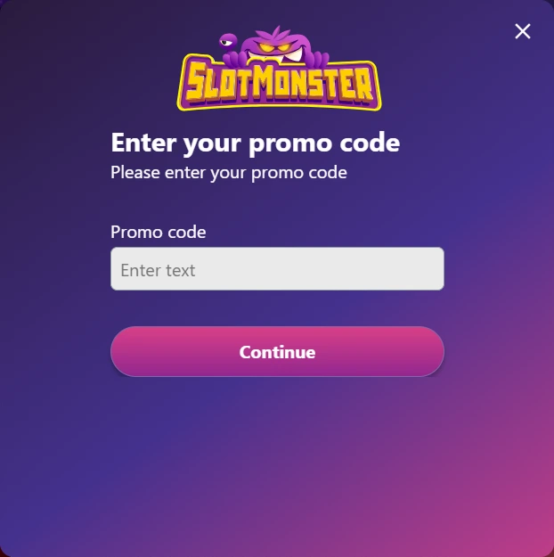 Slotmonster promo code invoerveld met 'Enter text