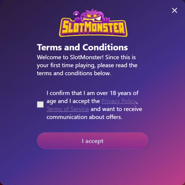 Slotmonster Casino registratieformulier met leeftijdsvoorwaarden en acceptatievakje