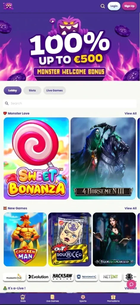 Slotmonster Casino mobiele lobby met 'Sweet Bonanza' en '4 Horsemen' gokkasten