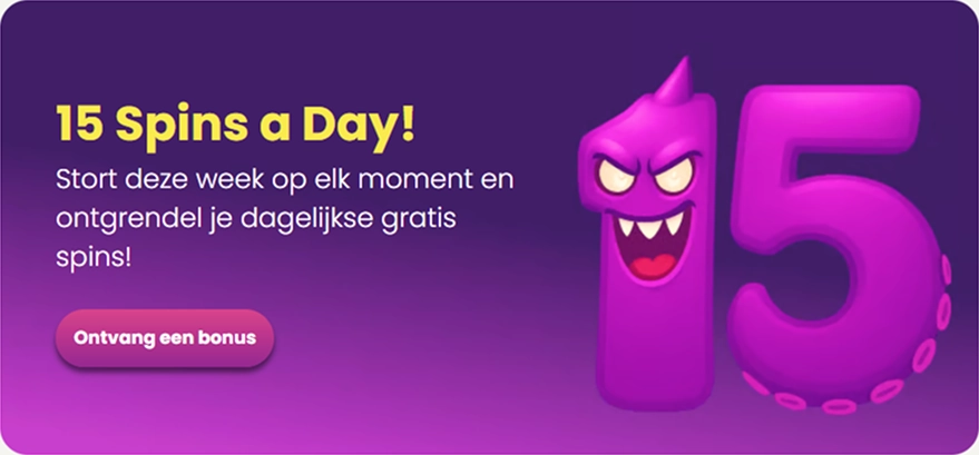 Slotmonster 15 gratis spins per dag banner met monster