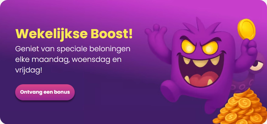 Wekelijkse Boost banner met paars monster en munten