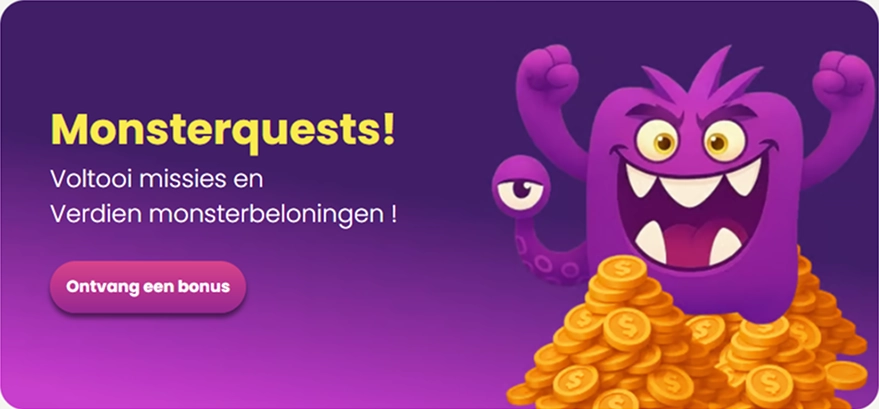 Monsterquests banner met monster en munten, ontvang een bonus