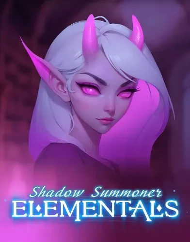 Paarse duivel met witte haren en gloeiende ogen met tekst 'Shadow Summoner Elementals